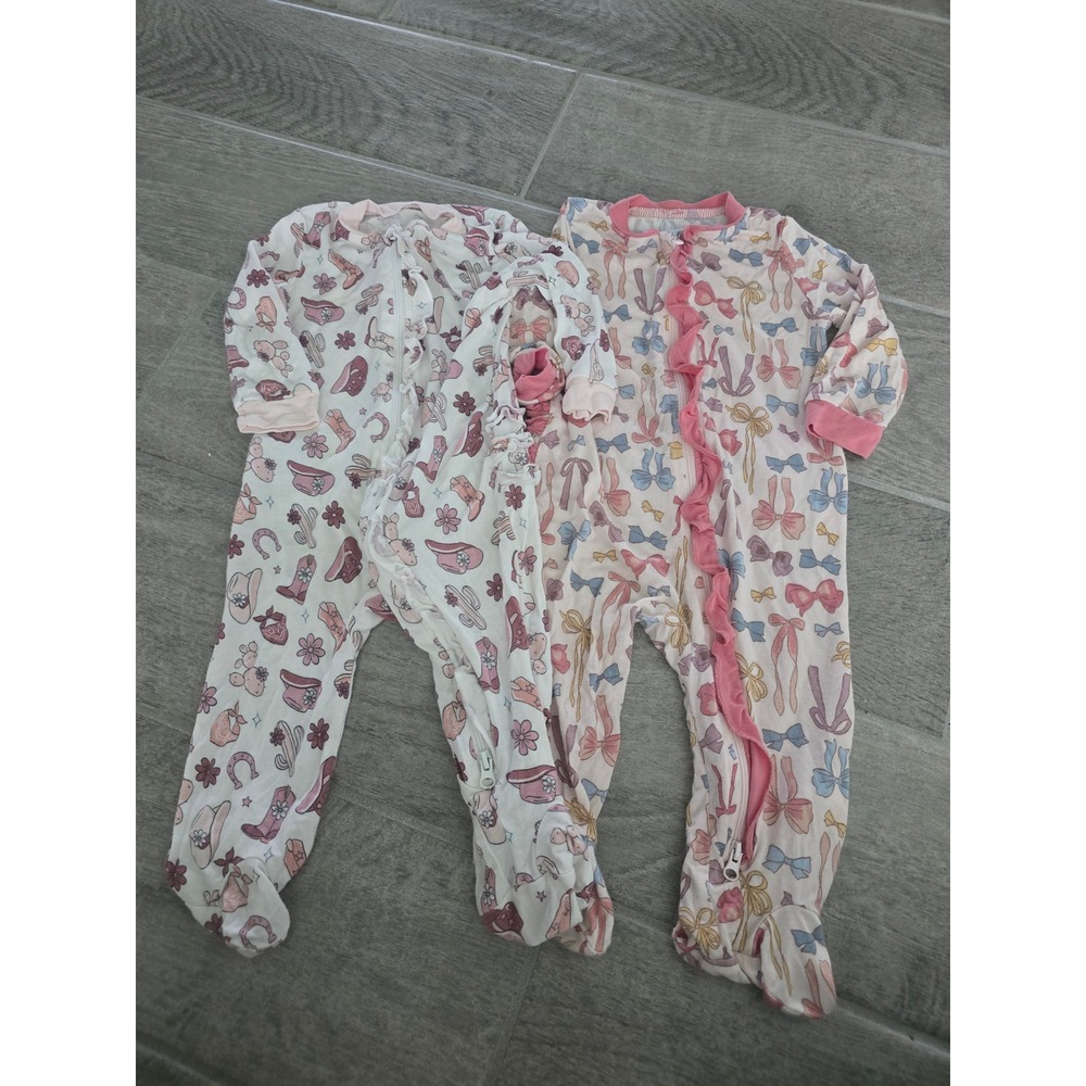 Two Milkberry Baby Girls 3-6M Footed Sleepers Western Cowgirl Ballet Bow Ruffles